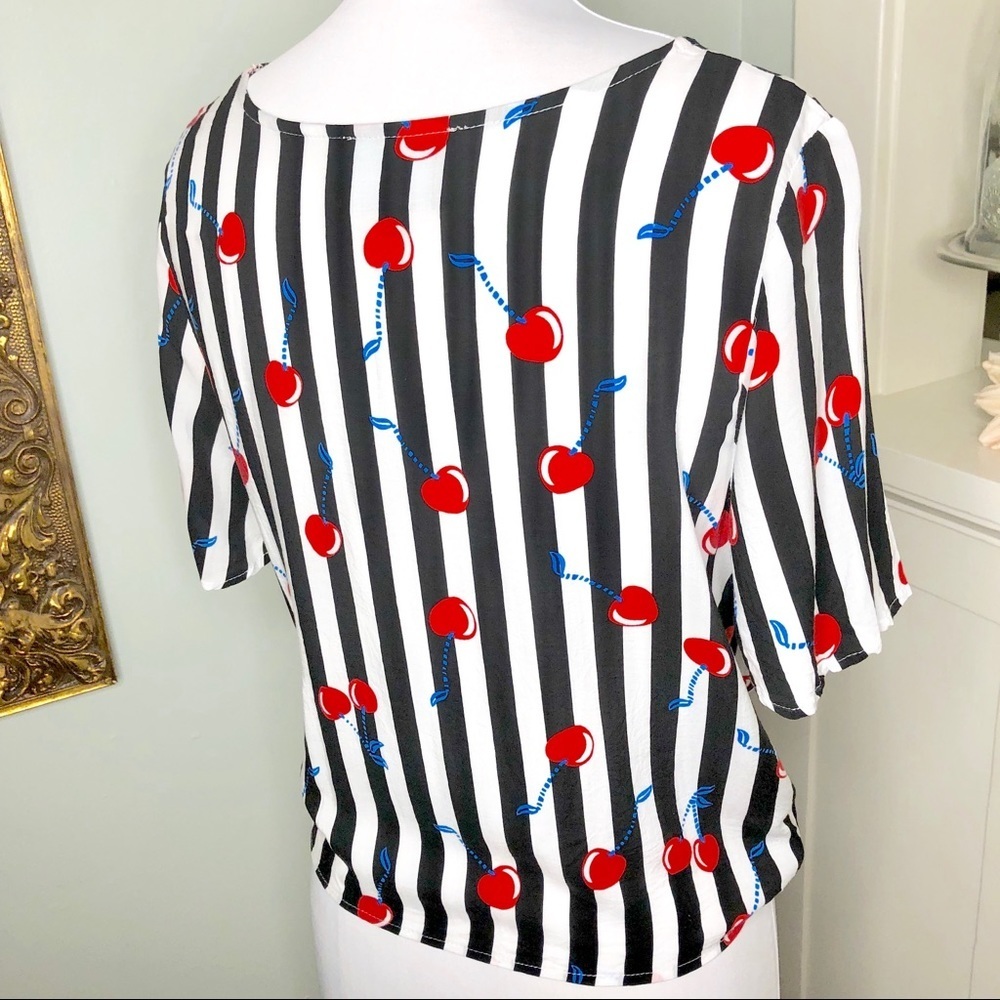 Cynthia Rowley Cherry Stripe Tie Front Top Retro Style Blouse - Picture 7 of 10